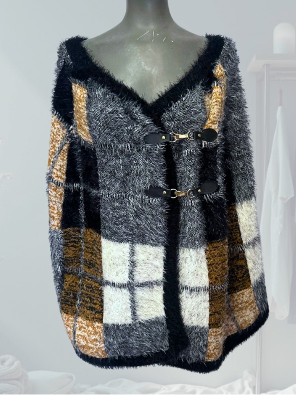 70% Mohair 30% Cotton Plaid Toggle Cape  - Gray, White, Yellow, Black & Brown